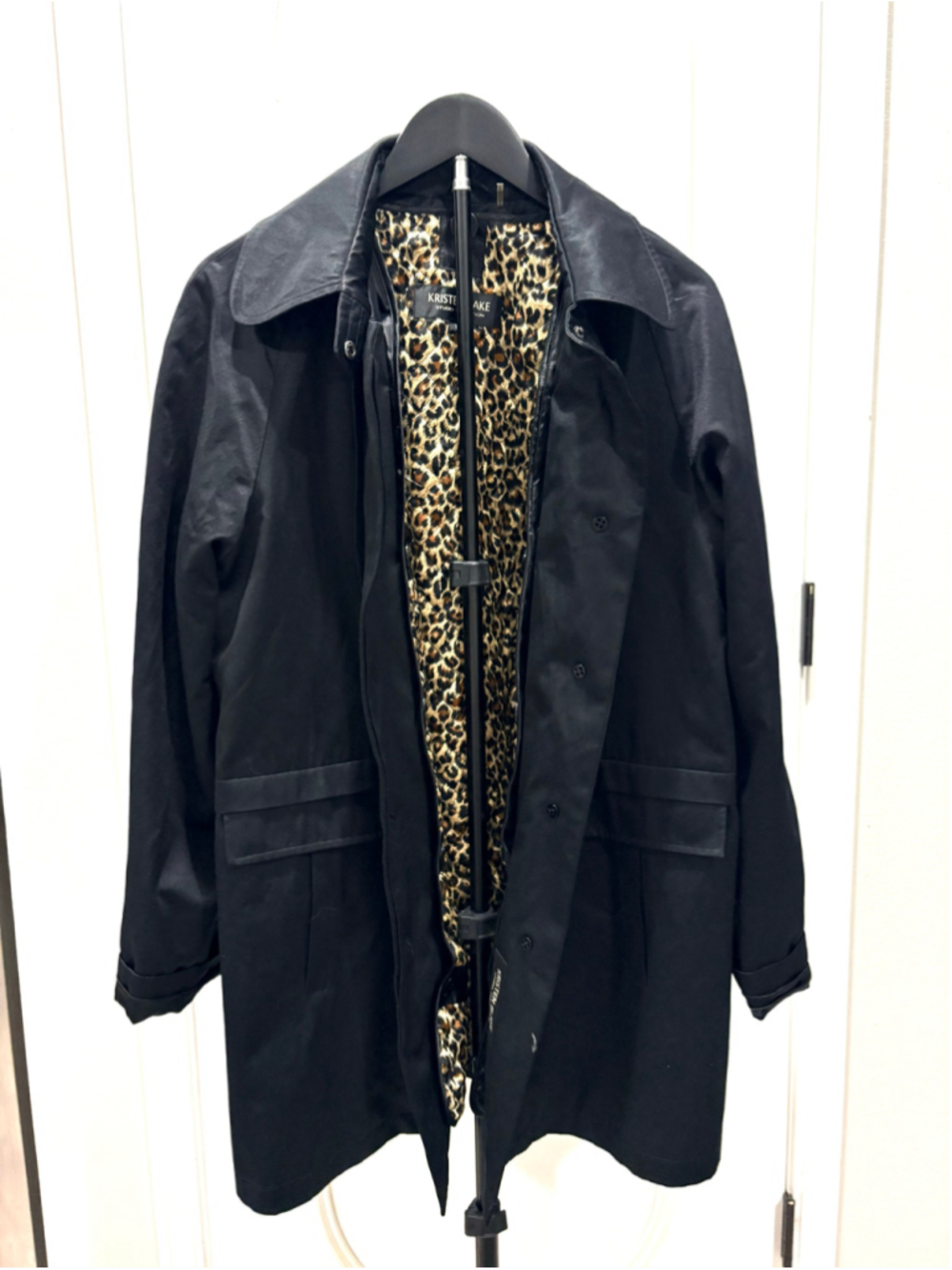 Kristen Blake Studio Black Trench Coat Jacket Detachable Leopard Liner Womens L